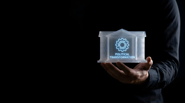 Person holding a glowing miniature building model featuring a political transformation icon on black background