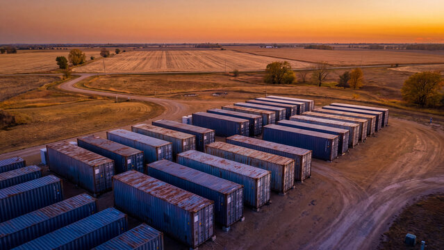 Shipping cargo containers storage yard in rural field at sunset. Aerial view of steel freight container rows in countryside for logistics, transport and industrial storage