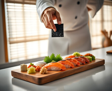 Chef cuisinier professionnel finalisant avec pr&eacute;cision un plat gastronomique de sashimi de saumon dispos&eacute; artistiquement sur une planche en bois, ajoutant une touche d'algue nori pour une pr&eacute;sentation