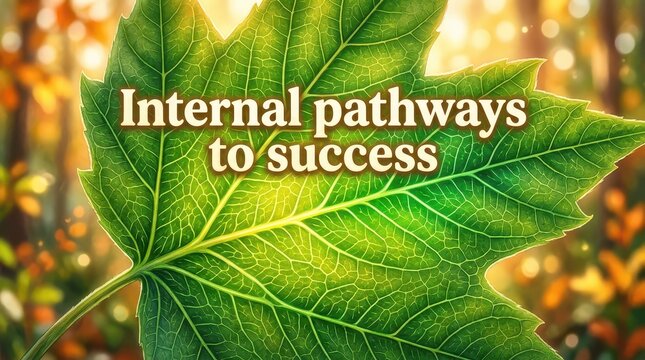Vibrant green leaf with veins forming a network, with the text 'Internal pathways to success' superimposed, set against a soft-focus autumn forest bac
