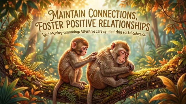 Two monkeys grooming each other on a tree branch in a lush jungle, symbolizing social connection and positive relationships
