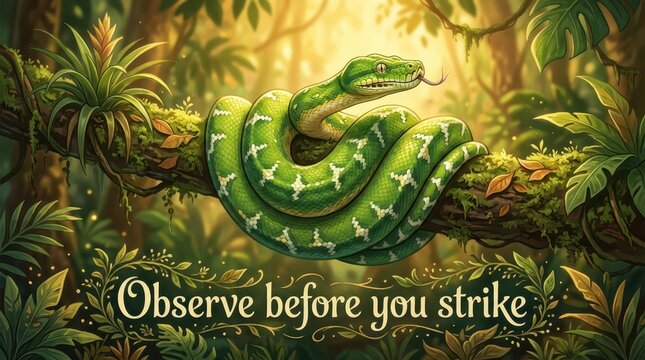 Vibrant green python coiled on a mossy branch in a lush, sun-dappled rainforest, inspiring caution and observation.