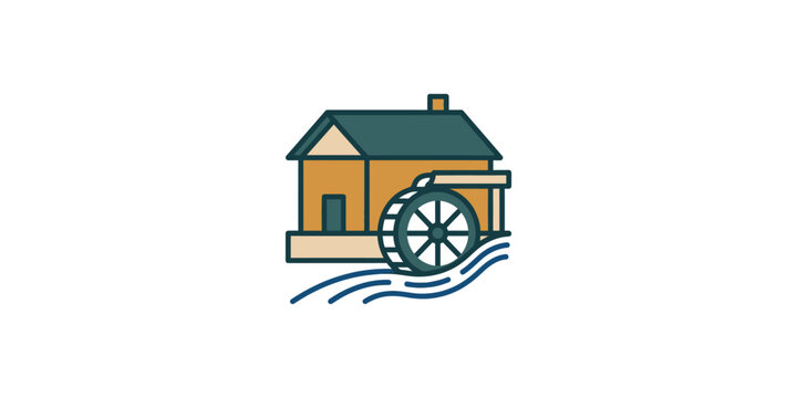 Flat vector illustration of a traditional wooden water mill by the river.