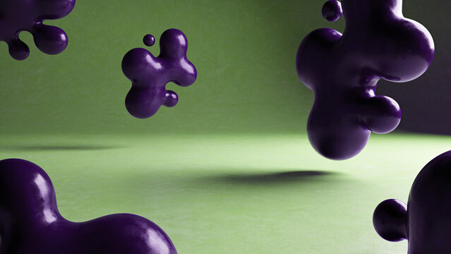 purple glossy organic blob shapes floating on green background