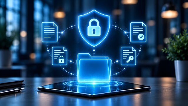 Cyber security data protection with glowing shield protecting digital document folders on tablet