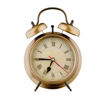alarm clock, vintage clock with time 6 hours 45 minutes, a.m. 6:45, p.m. 6:45, on isolated white background close-up