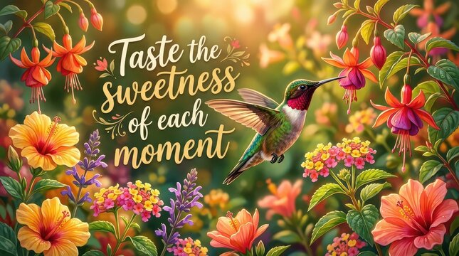 Vibrant Hummingbird Feeding on Nectar Amongst Lush Tropical Flowers with Inspiring 'Taste the Sweetness of Each Moment' Text