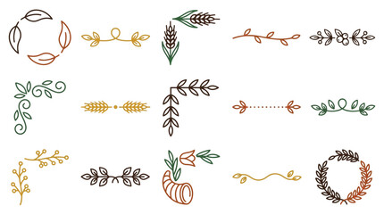 Rustic floral dividers and botanical line art borders, 15 autumn leaf and wheat vector elements, decorative nature ornaments isolated PNG with Transparent Background Editable EPS © Salma