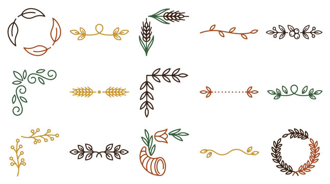 Rustic floral dividers and botanical line art borders, 15 autumn leaf and wheat vector elements, decorative nature ornaments isolated PNG with Transparent Background Editable EPS