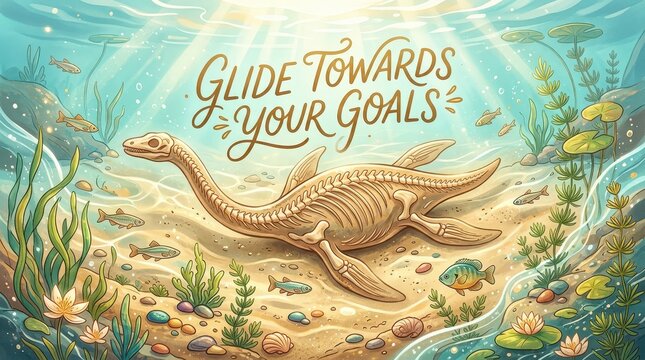 Underwater scene with a plesiosaur skeleton and inspirational text 'Glide Towards Your Goals' amidst aquatic life and sunbeams