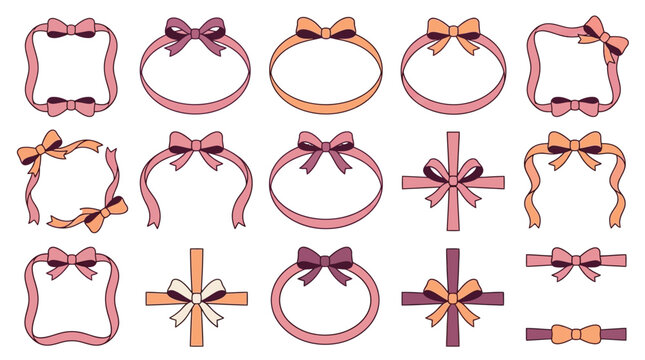 Decorative ribbon frames and bow borders, set of 15 elegant pink and orange vector elements, festive gift wrapping ornaments isolated PNG with Transparent Background Editable EPS