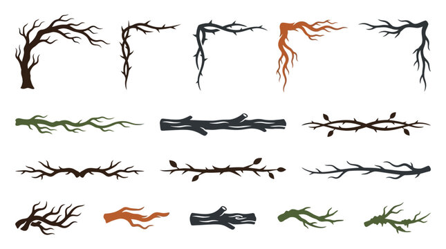 Spooky dead tree branches and thorny vine borders, 14 rustic wood dividers and corner elements, dark forest vector set isolated PNG with Transparent Background Halloween Editable EPS