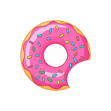 A sweet tasty pink donut with colorful sprinkles and a missing bite taken out of it in a fun cartoon art style isolated on transparent background, Vector
