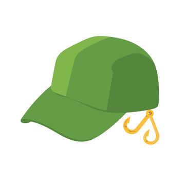Green baseball cap with golden fishing hooks attached to the brim for outdoor adventure and fishing hobby gear illustration isolated on transparent background, Vector