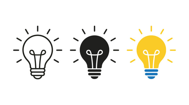 Minimalist light bulb icon set, creative idea and innovation symbols, flat vector lightbulb illustrations for business and education