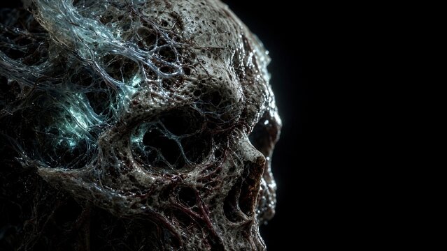 <a1>Alien skull creature with organic web mesh structure in dark background for halloween season event</a1>
