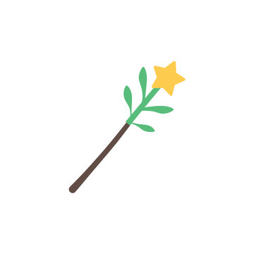 Cute magic wand with a yellow star and green leaves flat vector illustration for kids fairy tale fantasy theme design isolated on transparent background, Vector