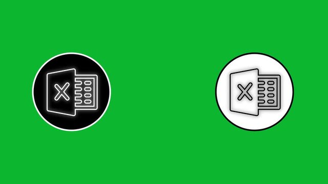 Black and white Excel spreadsheet icons appearing on green screen with modern line art animation effect.