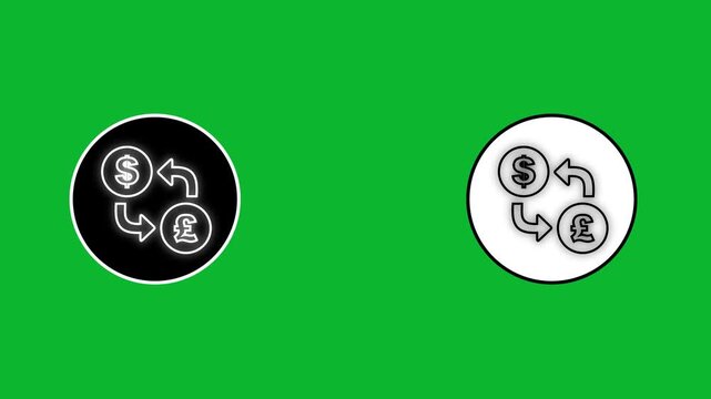 Neon currency exchange icon animation showing dollar and pound sterling conversion on green screen background.