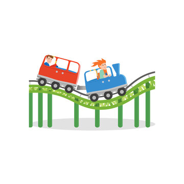 Happy children riding a colorful roller coaster train at an amusement park isolated on transparent background, Vector