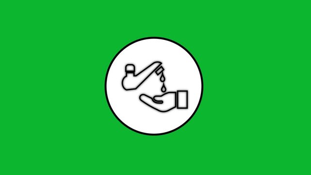 Hand sanitizer icon animation dripping liquid soap onto palms isolated on green screen background.