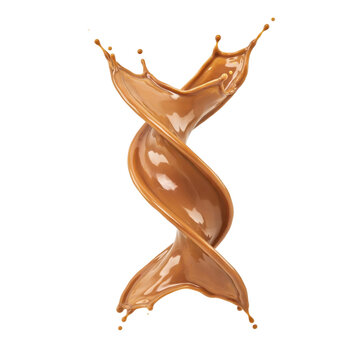 Dynamic spiral splash of creamy light brown liquid coffee or chocolate milk isolated on a transparent background