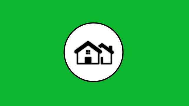 Minimalist home icon animation on green background featuring simple house graphic inside white circle.