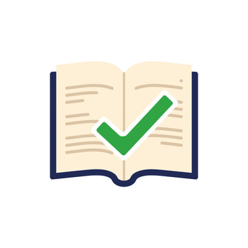 Open book icon with a green check mark symbol representing reading completion or verified study content isolated on transparent background, Vector