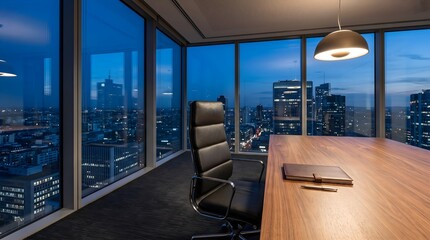 Naklejka na ściany i meble Modern executive office at night, luxury penthouse workspace with city skyline view, professional corporate interior with leather chair