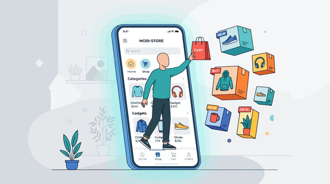 Mobile App Store Shopping Concept Illustration Man Standing On Giant Smartphone
Digital Download Cards Floating Around Phone Screen With Shopping Bags Flat Design
Online Marketplace Ecommerce App Conc