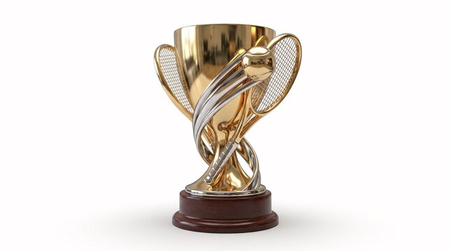 Golden tennis championship trophy cup with racket and ball design on white background