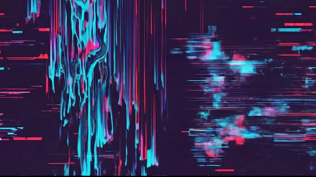 Futuristic digital glitch animation with vibrant neon colors representing data distortion and abstract visual effects