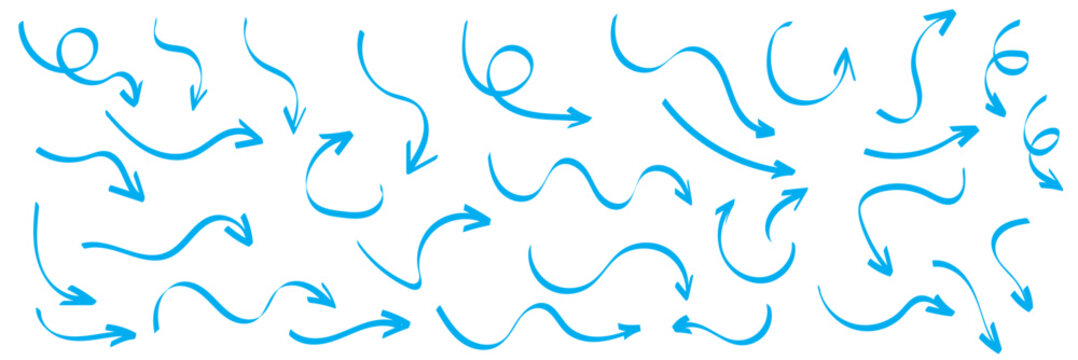 Hand Drawn Doodle Arrow Icons Collection with Curved, Circular, Loop and Directional Sketch Arrows, directional arow