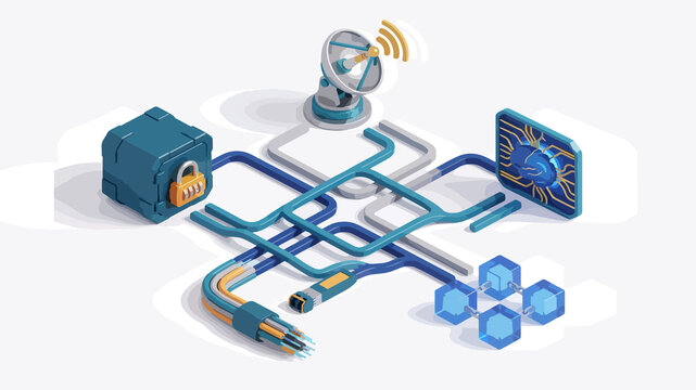 Data transfer pipeline connects telecommunication dish with blockchain network and secure server. Illustrations