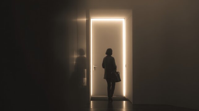 Woman entering illuminated doorway