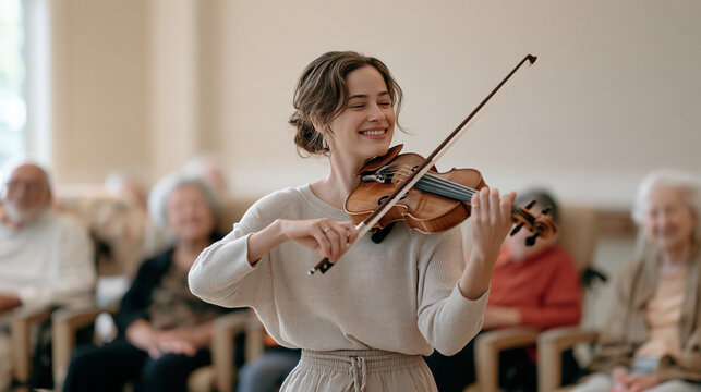 A violinist performs a live music therapy session in a nursing home activity room, elderly residents in recliners listening with closed eyes and soft smiles, the intimate concert
