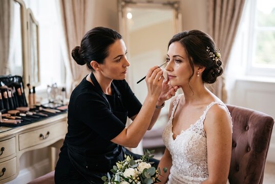 A makeup artist applies makeup to a bride sitting in a chair. The room features soft lighting and elegant decor. The bride holds a bouquet of flowers