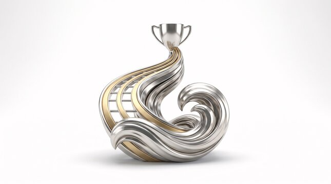 Swimming championship trophy with abstract wave design on white background