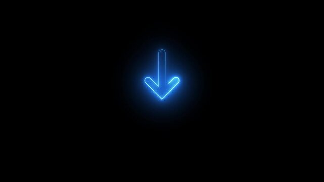 Blue Neon Down Arrow Icon with Luminous Outline and Soft Light Effect for Download, Navigation, Direction, Progress and Digital Interface on Black Background.