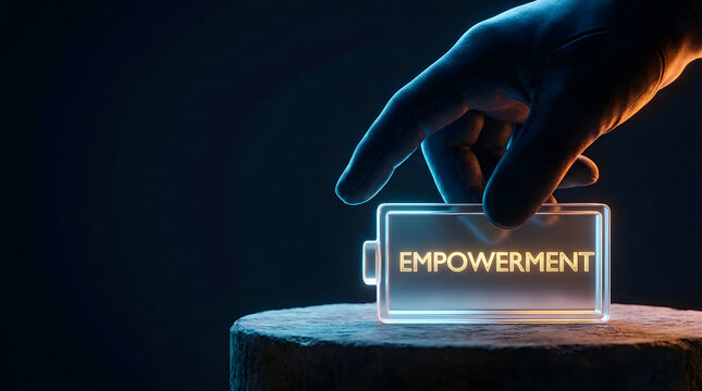 A hand placing a glowing glass battery icon with the word empowerment on a stone pedestal