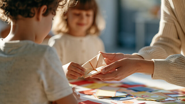 Close up of a party planner's hands unfolding a paper fortune teller and handing it to a child at an activity station, part of an organized party game rotation in a bright