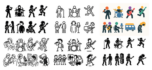 Obraz premium Music icons with guitar drum singer silhouette