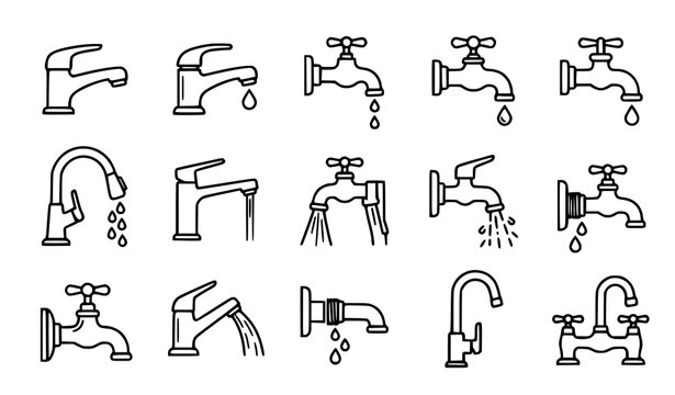  Plumbing Faucet Water Flow and Leakage State Outline Vector Collection