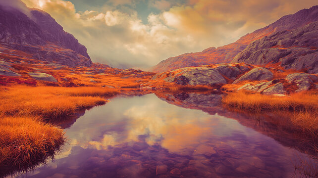 Scenic autumn mountain lake with clear water reflection of clouds in a valley with orange grass. Beautiful highland tarn landscape background, cinematic serene nature travel wallpaper.