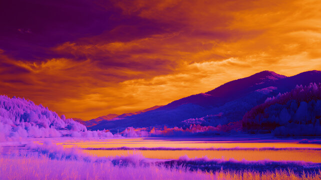 Surreal infrared landscape with purple mountains and forest under a dramatic vibrant orange sunset sky. Abstract fantasy valley nature background, conceptual thermal vision wallpaper.