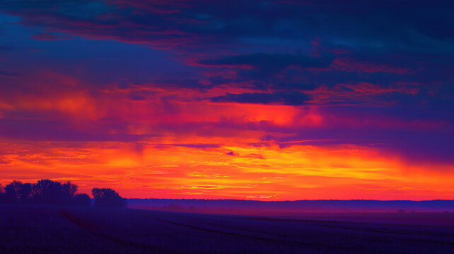 Dramatic sunset sky over a dark rural field silhouette with vibrant orange, red and purple clouds. Beautiful sunrise landscape background, colorful evening dusk, scenic nature wallpaper.