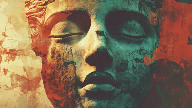 Ancient Greek statue face close up with grunge watercolor texture on red background. Antique marble sculpture portrait, classical Roman mythology, philosophy and fine art poster concept.