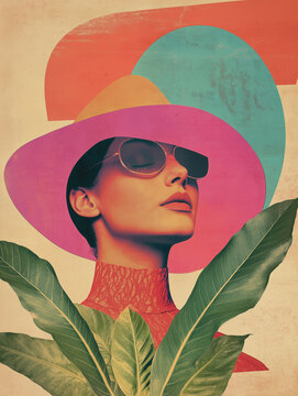 Vintage retro pop art collage of a beautiful woman in pink hat and sunglasses behind green tropical leaves. Minimalist fashion illustration background, mid-century modern aesthetic poster.