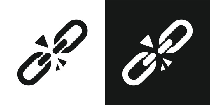 Broken Link Icon. A stark graphic icon representing a broken chain link, displayed in both black and white versions, symbolizes a lost connection or an error.