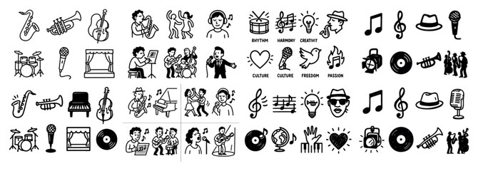 Obraz premium Music icons with saxophone drum microphone outline